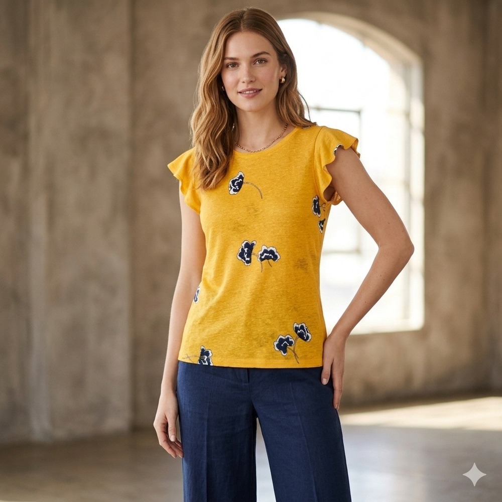 Ann Taylor Yellow Floral Short Sleeve Tee